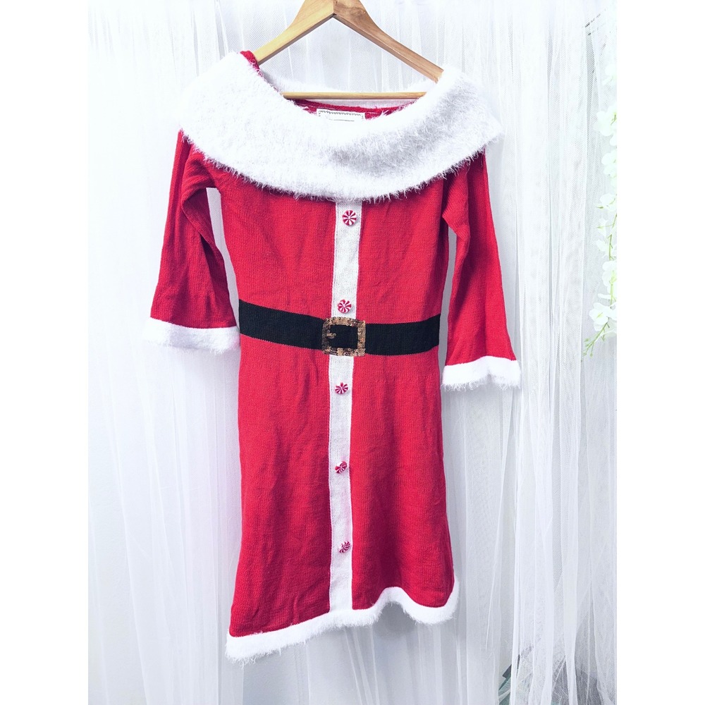 Allison Brittney Womens Santa Christmas Sweater Dress Red Faux Fur Trim Medium